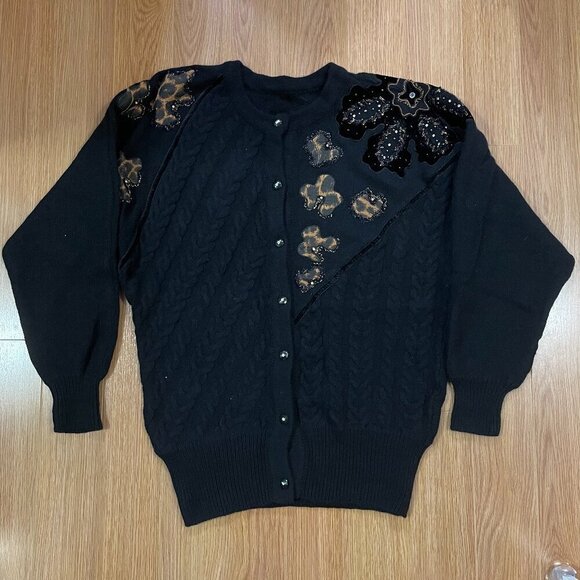 Vintage Made in Italy Wool Cardigan with Animal Print Accents Black - Picture 3 of 16